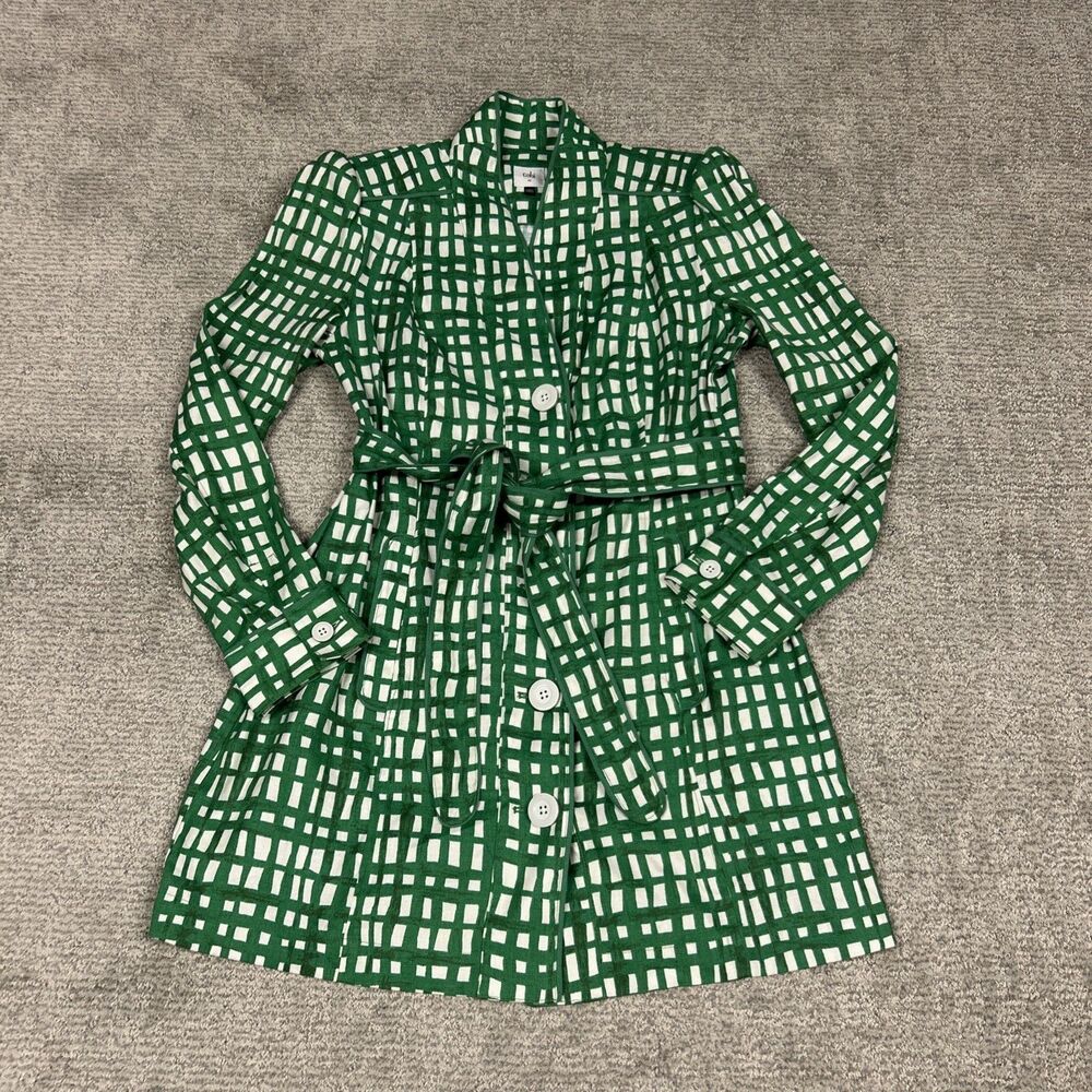 Cabi Green Jacket Womens Medium Belted Button Up Circuit Trench Coat Linen Blend